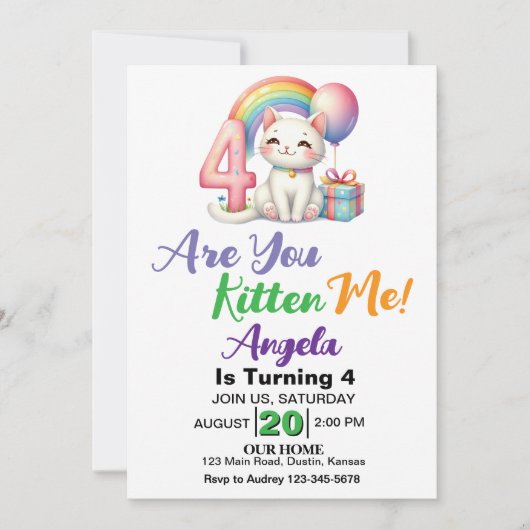 子猫の4歳の誕生日パーティー 招待状 (正面)