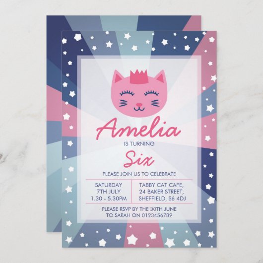 子猫をテーマにした誕生日パーティーの招待状 招待状 (正面/裏面)