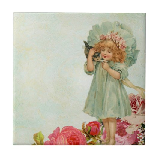 子猫を持つ小さな女の子 タイル (正面)