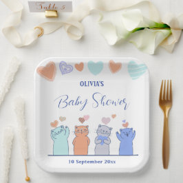 子猫カラフルハートピンク赤ちゃんシャワーデコール ペーパープレート
