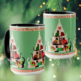 子猫クリスマスツリー赤面グリーンカスタムホリデイ マグカップ