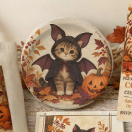 子猫コウモリコスチューム ハロウィンパーティープレート ペーパープレート