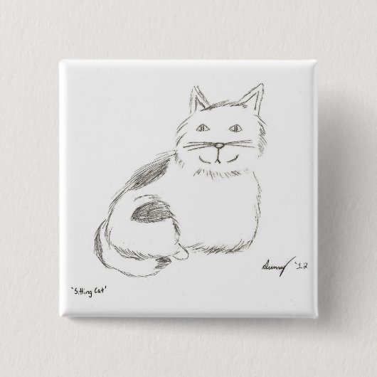 子猫スケッチボタン – 正方形 缶バッジ (正面)