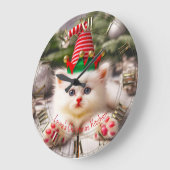子猫ハッピーファーベビーホリデークリスマス ラージ壁時計 (傾斜)
