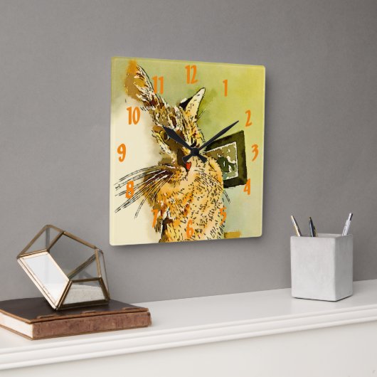 子猫ヒゲハート鼻の水色 スクエア壁時計 (オフィス)