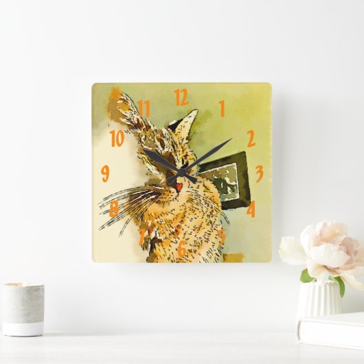 子猫ヒゲハート鼻の水色 スクエア壁時計 (ホーム)