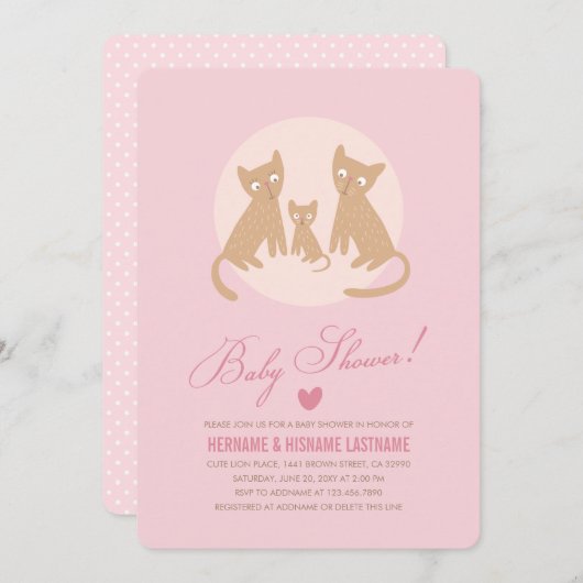 子猫ファミリーピンクベビーシャワー招待状ガール 招待状 (正面/裏面)