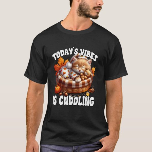 子猫ベッドにいる秋の猫と、猫のための秋の名言 Tシャツ (正面)