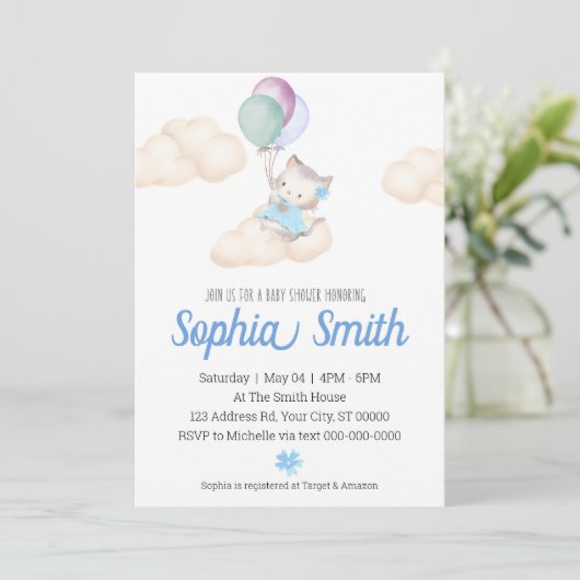 子猫ベビーガール赤ちゃんシャワー風船雲 招待状 (スタンド正面)