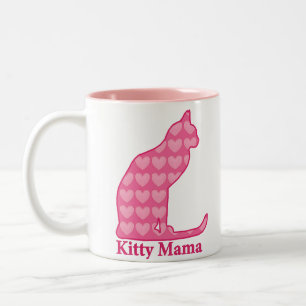 子猫ママ座る猫イン明るい赤紫色ピンクハート ツートーンマグカップ