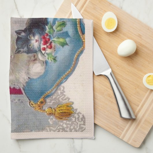 子猫メリークリスマスとヴィンテージのクリスマスキャット キッチンタオル (四つ折り)