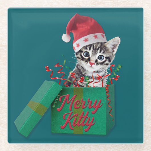 子猫メリー、メリークリスマス ガラスコースター (正面)