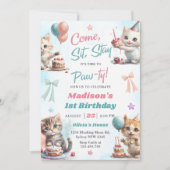 子猫レッツパーティ1歳の誕生日パーティーインビタット 招待状 (正面)