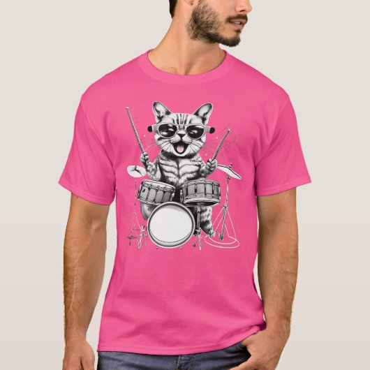 子猫ロックバンドのドラマー猫がドラム演奏 Tシャツ (正面)