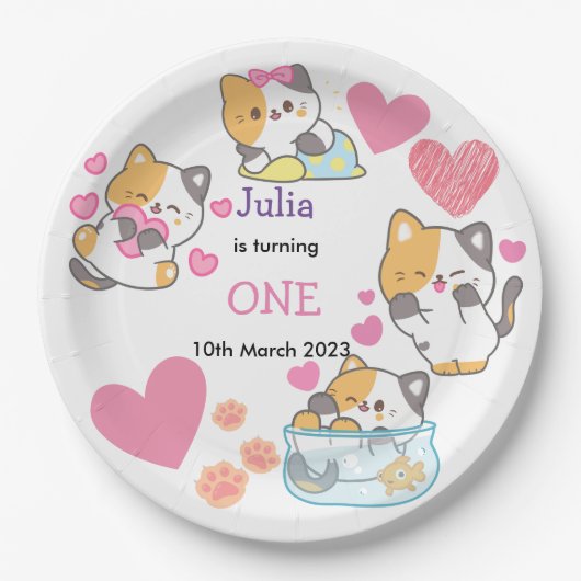 子猫ワンベビーガール誕生日 ペーパープレート (正面)