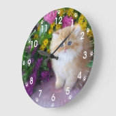 子猫大切ピンク紫色の黄色い花 ラージ壁時計 (傾斜)