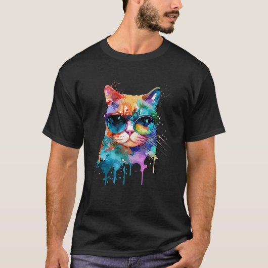 子猫用サングラスクールのかわいい猫カラフル Tシャツ (正面)