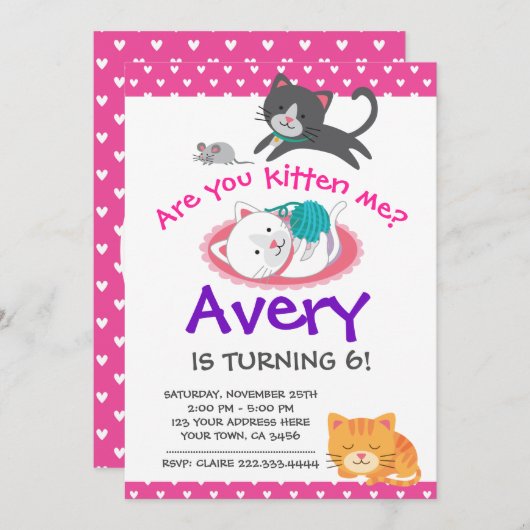 子猫誕生日招待状、ペットの里親募集パーティー 招待状 (正面/裏面)