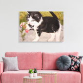 子猫遊とピンクの花 キャンバスプリント (インサイチュ (リビング))