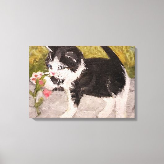 子猫遊とピンクの花 キャンバスプリント (正面)