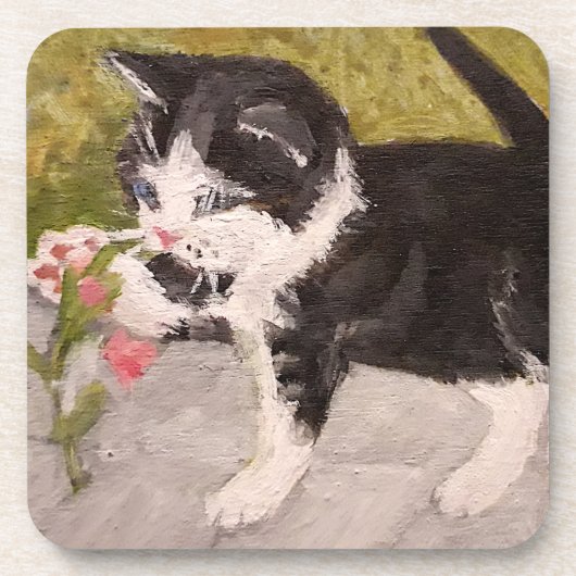 子猫遊とピンクの花 コースター (正面)