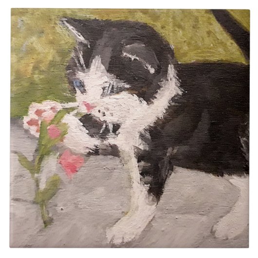 子猫遊とピンクの花 タイル (正面)