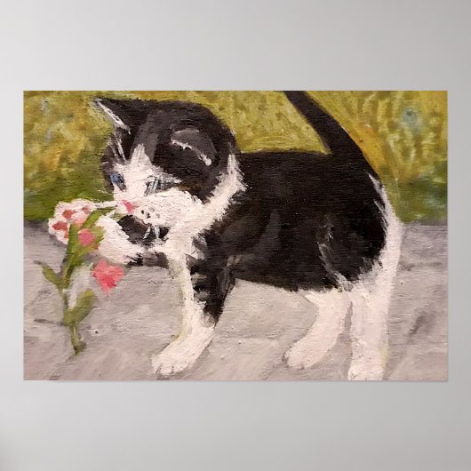 子猫遊とピンクの花 ポスター (正面)