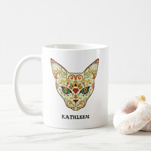 子猫顔糖スカル | Day of the Dead Cat コーヒーマグカップ (ドーナツ)