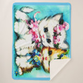 子猫2匹と花が多い シェルパブランケット (正面)