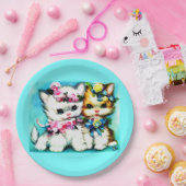 子猫2匹と花が多い ペーパープレート (パーティー)