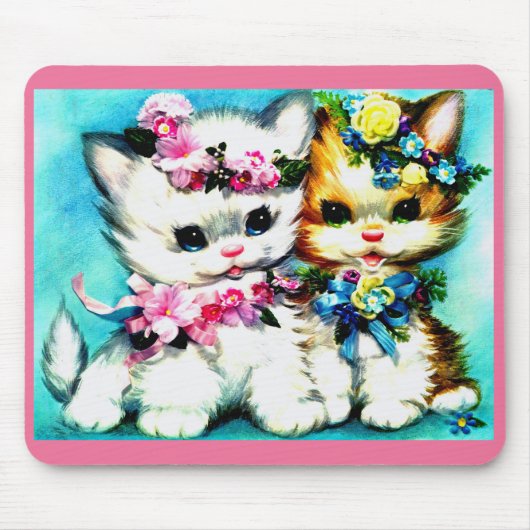 子猫2匹と花が多い マウスパッド (正面)