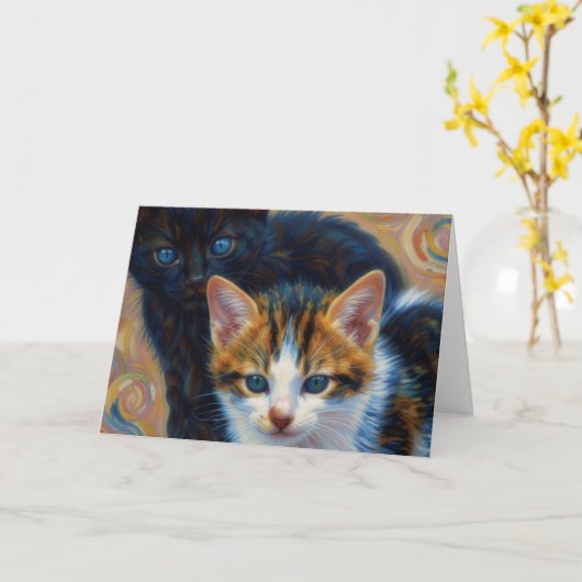 子猫2匹のアートノートカード カード (黄色い花)