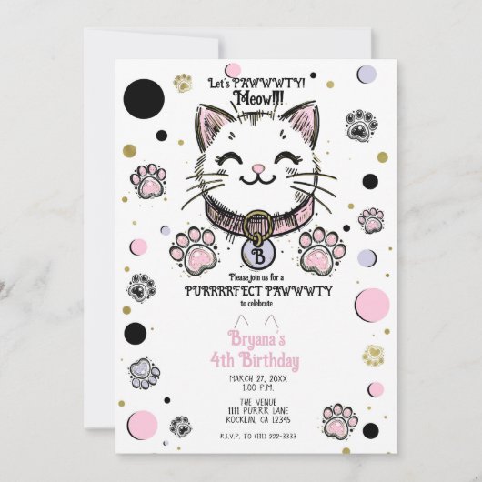 子猫 キティキャット ピンク 紫 ゴールド 誕生日パーティー 招待状 (正面)