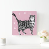 子猫 タビー猫 アート 動物 子供部屋 パステルピンク デコ スクエア壁時計 (ホーム)