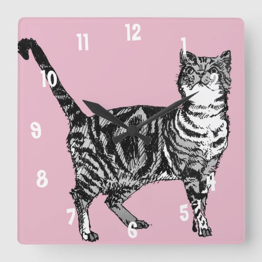 子猫 タビー猫 アート 動物 子供部屋 パステルピンク デコ スクエア壁時計 (正面)