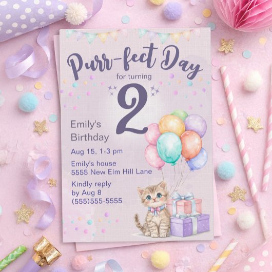 子猫+パステルカラーの女の子の2歳の誕生日 招待状