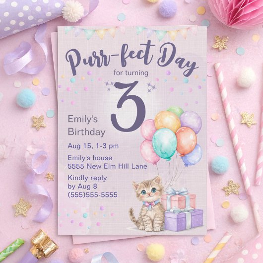 子猫+パステルカラーの女の子の3歳の誕生日 招待状