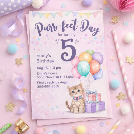 子猫+パステルカラーの女の子の5歳の誕生日 招待状