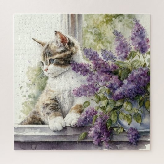 子猫 ラベンダー 花 窓 日差し ジグソーパズル (縦)