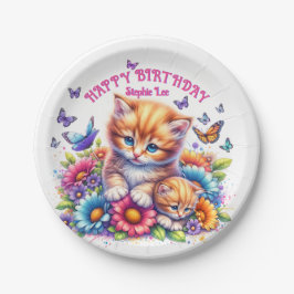 子猫、蝶、花 ペーパープレート
