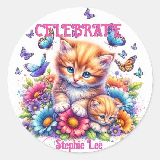 子猫、蝶、花 ラウンドシール (正面)