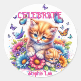 子猫、蝶、花 ラウンドシール