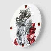 子猫，赤いバラの子猫，白黒 ラージ壁時計 (傾斜)