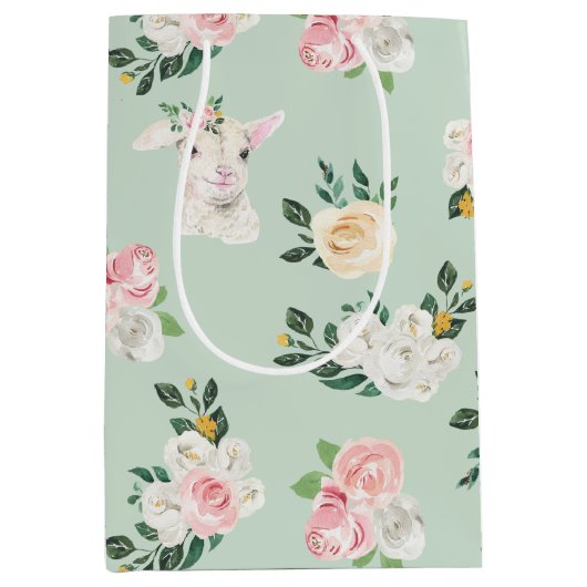 子羊とバラ澄んイメージのシームレス ミディアムペーパーバッグ (正面)