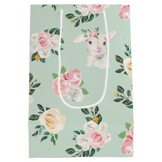 子羊とバラ澄んイメージのシームレス ミディアムペーパーバッグ (裏面)