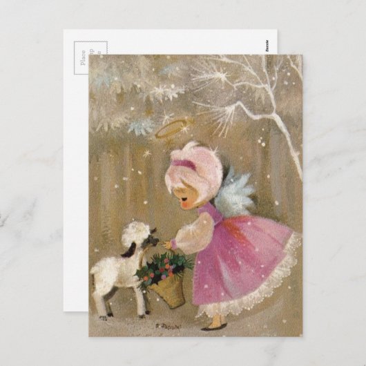 子羊とヴィンテージクリスマスエンジェル シーズンポストカード (正面/裏面)