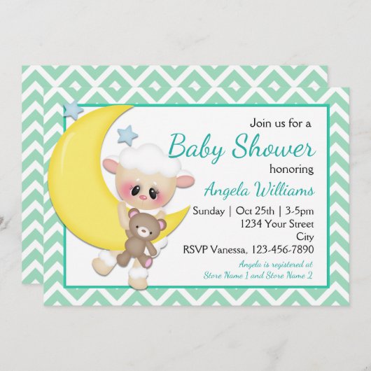 子羊と三日月の赤ちゃんシャワー 招待状 (正面/裏面)