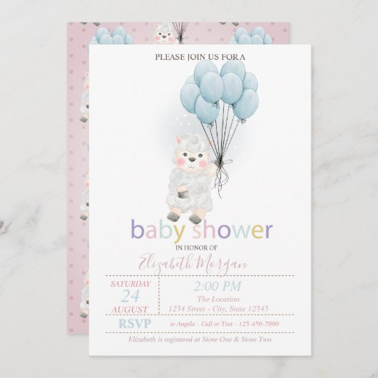 子羊のバルーン赤ちゃんシャワー 招待状 (正面/裏面)