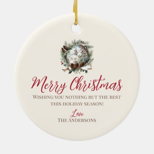 子羊の家畜の素朴なクリスマスリース セラミックオーナメント (裏面)