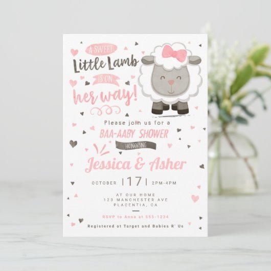 子羊の赤ちゃん女の子シャワー 招待状 (スタンド正面)